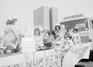 Dagenham Town Show 1971, showing St John’s Ambulance Nursing, Dagenham Cadet Division carnival float, during judging in Old Dagenham Park, 1971