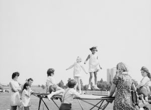 Dagenham Town Show 1971 at Central Park, Dagenham, showing young children on trampoline, 1971