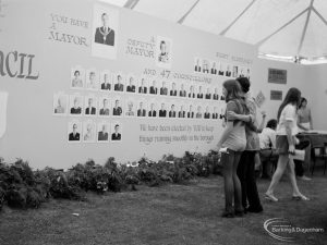 Dagenham Town Show 1971 at Central Park, Dagenham, showing wall in marquee bearing photographs taken by Egbert Smart of the whole London Borough of Barking Council, 1971