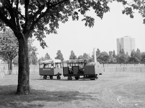 Dagenham Town Show 1971 at Central Park, Dagenham, showing the two-coach train carrying visitors, 1971