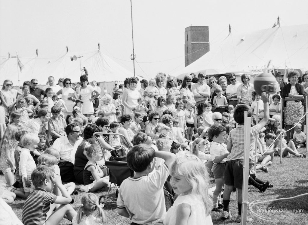 Dagenham Town Show 1971 at Central Park, Dagenham, showing large crowd outside arena and Fire Station beyond, 1971