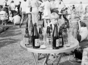 Dagenham Town Show 1971 at Central Park, Dagenham, showing a table-top full of beer bottles and glasses, 1971