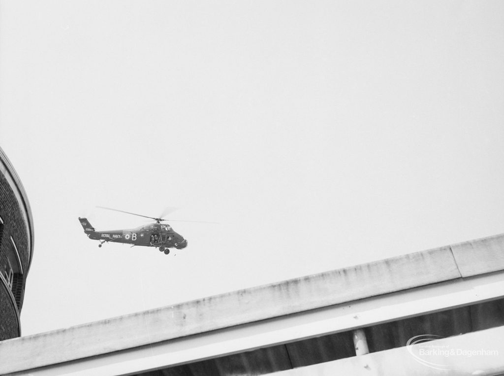 Dagenham Town Show 1971 at Central Park, Dagenham, showing airborne Royal Navy helicopter, 1971