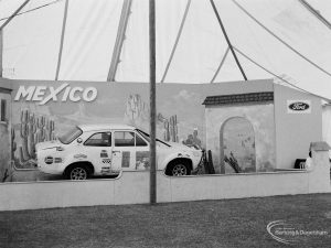 Dagenham Town Show 1971 at Central Park, Dagenham, showing ‘Ford Mexico’ car display with cacti on backcloth, 1971