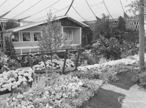 Dagenham Town Show 1971 at Central Park, Dagenham, showing chalet and massed flowers in flowerbeds in Horticulture marquee, 1971