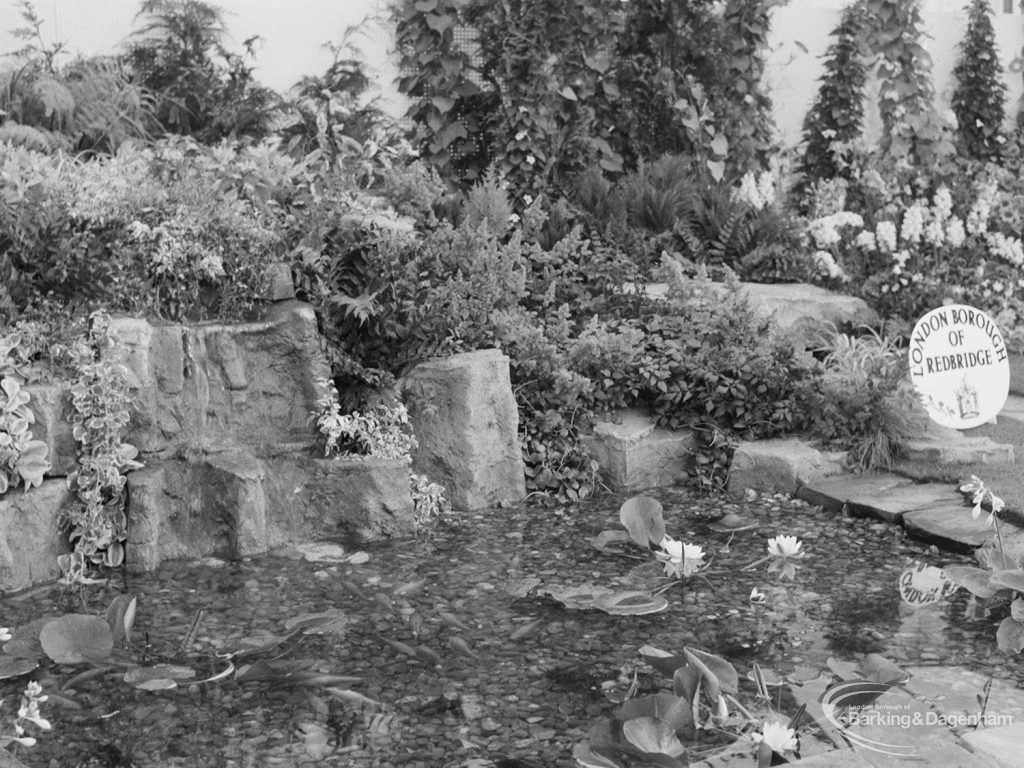 Dagenham Town Show 1971 at Central Park, Dagenham, showing London Borough of Redbridge water flowers in pool in Horticulture marquee, 1971