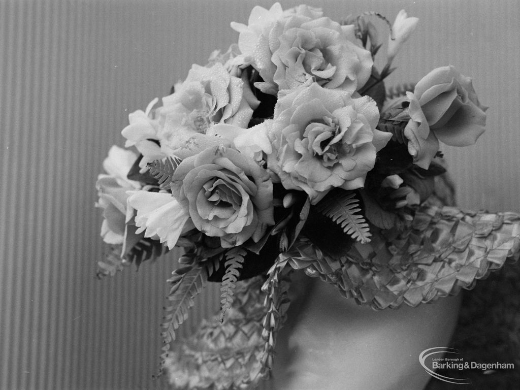 Dagenham Town Show 1971 at Central Park, Dagenham, showing pink roses and fern in white pot in Flower Arrangement display, 1971