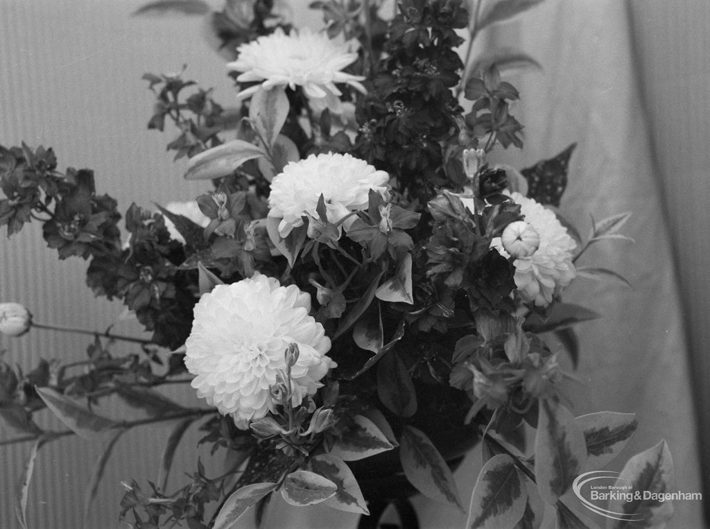 Dagenham Town Show 1971 at Central Park, Dagenham, showing snowball flowers and chrysanthemums in Flower Arrangement display, 1971