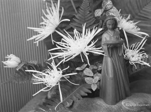 Dagenham Town Show 1971 at Central Park, Dagenham, showing pottery figure, spider dahlias and fern in Flower Arrangement display, 1971