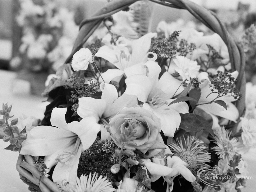 Dagenham Town Show 1971 at Central Park, Dagenham, showing a basket of roses, lilies and scabious in Flower Arrangement display, 1971