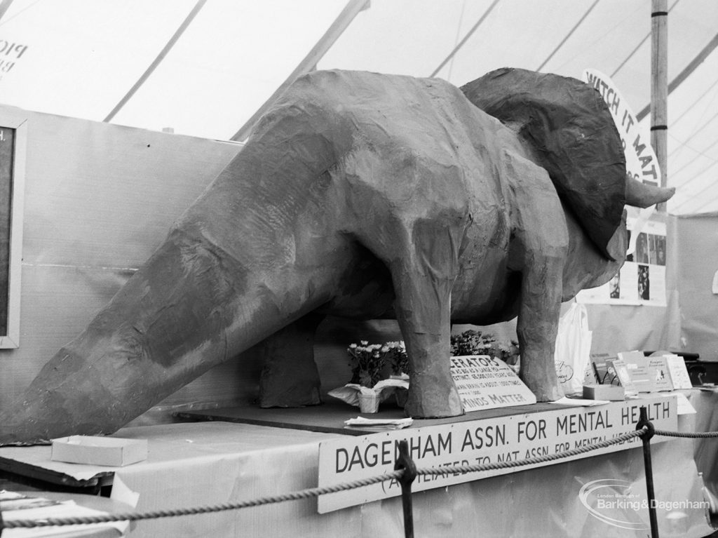 Dagenham Town Show 1971 at Central Park, Dagenham, showing Dagenham Association for Mental Health stand with completed Triceratops, 1971