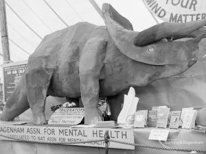 Dagenham Town Show 1971 at Central Park, Dagenham, showing Dagenham Association for Mental Health stand with front view of completed Triceratops, 1971