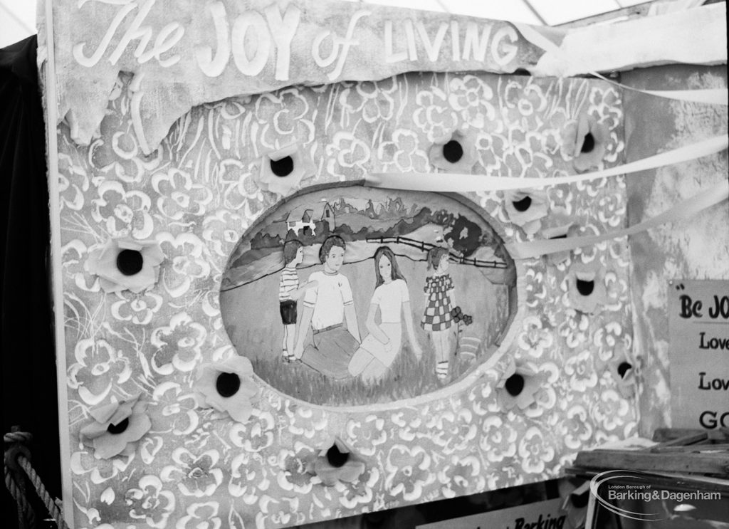 Dagenham Town Show 1971 at Central Park, Dagenham, showing elaborately framed painting of family group on Handicrafts stand, 1971