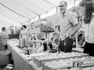 Dagenham Town Show 1971 at Central Park, Dagenham, showing exhibitors with various worked articles including candlesticks on Handicrafts stand, 1971