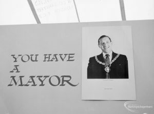 Dagenham Town Show 1971 at Central Park, Dagenham, showing display with photograph of London Borough of Barking Mayor taken by Egbert E Smart and sign entitled ‘You have a Mayor’, 1971