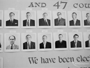 Dagenham Town Show 1971 at Central Park, Dagenham, showing display wall with photographs of ten London Borough of Barking councillors, 1971