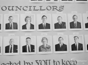 Dagenham Town Show 1971 at Central Park, Dagenham, showing display wall with photographs of ten London Borough of Barking councillors, 1971
