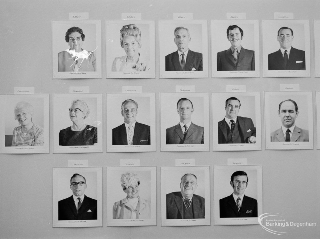 Dagenham Town Show 1971 at Central Park, Dagenham, showing display wall with photographs of fourteen London Borough of Barking councillors, 1971