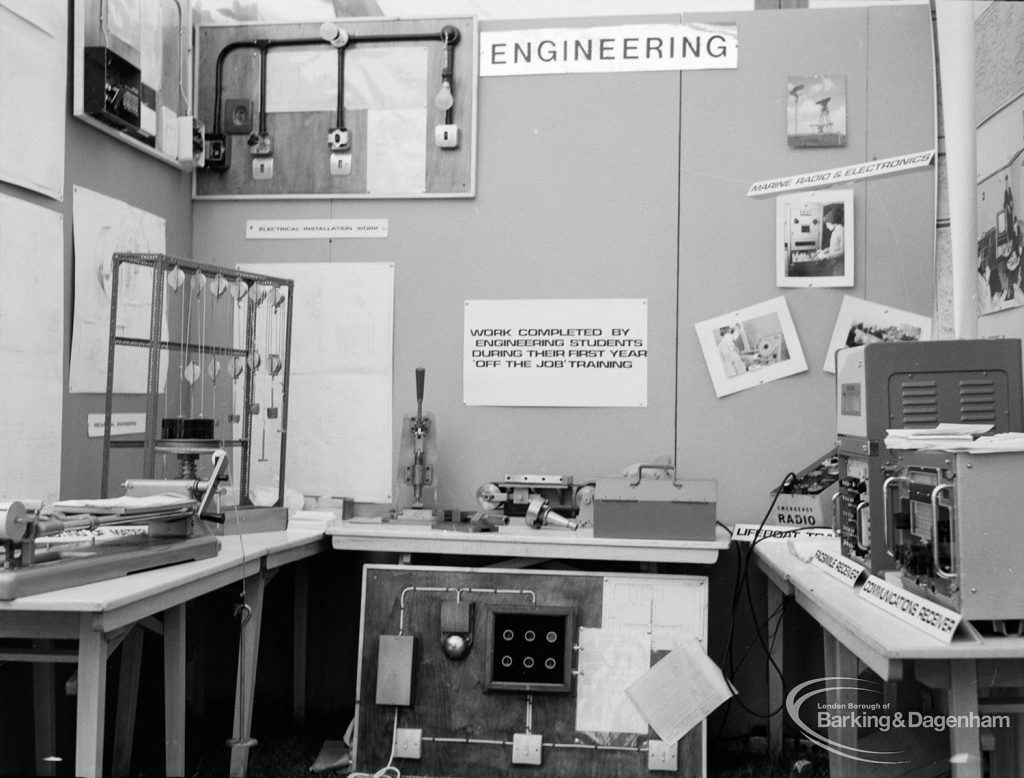 Dagenham Town Show 1971 at Central Park, Dagenham, showing Engineering stand displaying apparatus on benches in Civic Exhibits marquee, 1971