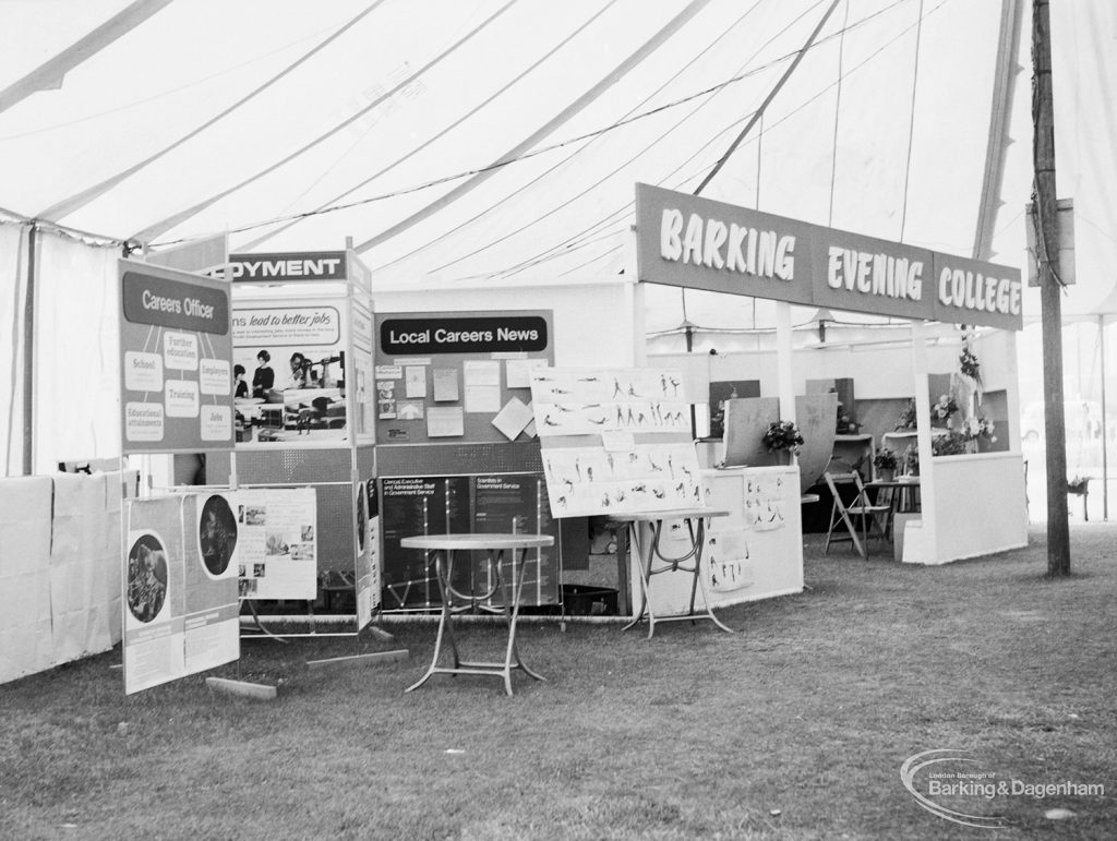 Dagenham Town Show 1971 at Central Park, Dagenham, showing Barking Evening College stand in Civic Exhibits marquee, 1971