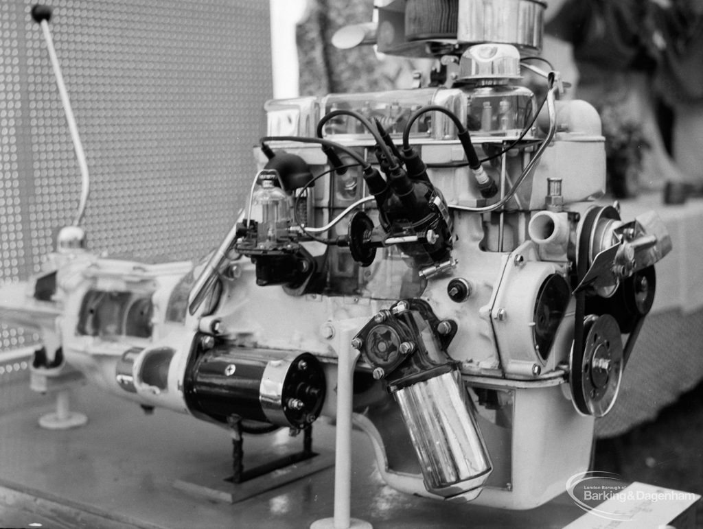 Dagenham Town Show 1971 at Central Park, Dagenham, showing car engine on display on Barking Evening College stand, in Civic Exhibits marquee, 1971