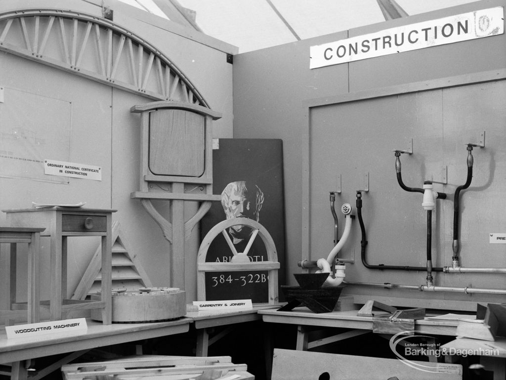 Dagenham Town Show 1971 at Central Park, Dagenham, showing models in Construction display on Barking Evening College stand, in Civic Exhibits marquee, 1971