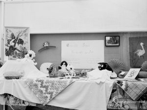 Dagenham Town Show 1971 at Central Park, Dagenham, showing embroidery, needlework and toys displayed on Barking Evening College stand, in Civic Exhibits marquee, 1971