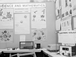 Dagenham Town Show 1971 at Central Park, Dagenham, showing Science and Mathematics display on Barking Evening College stand, in Civic Exhibits marquee, 1971
