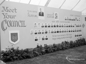 Dagenham Town Show 1971 at Central Park, Dagenham, showing ‘Meet your Council’ wall display with enlarged photographs of London Borough of Barking councillors, 1971