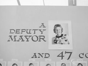 Dagenham Town Show 1971 at Central Park, Dagenham, showing display with photograph of London Borough of Barking Deputy Mayor, Councillor Mrs D M Jones, taken by Egbert E Smart and sign entitled ‘A Deputy Mayor’, 1971