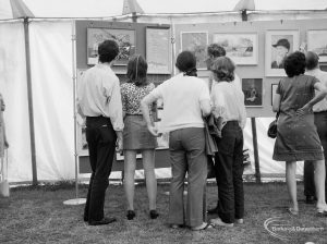 Dagenham Town Show 1971 at Central Park, Dagenham, showing Barking Art Society stand with visitors viewing exhibition of paintings, 1971