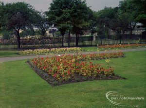 Britain in Bloom competition, showing Old Dagenham Park flowerbeds and jardines near Vicarage Road entrance, looking north-west, 1971