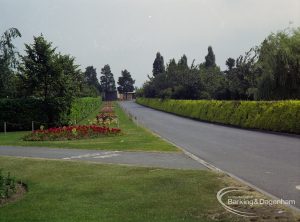 Britain in Bloom competition, showing Central Park, Dagenham hedged drive from Rainham Road North looking north-east, 1971