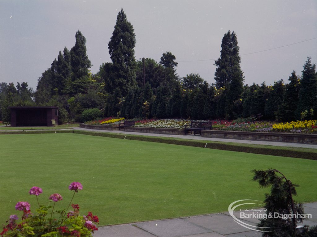 Britain in Bloom competition, showing Central Park, Dagenham bowling green at north border looking west, 1971