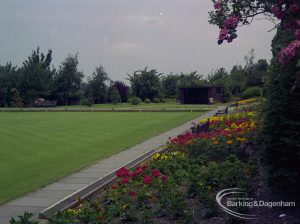 Britain in Bloom competition, showing Central Park, Dagenham bowling green looking across to north-west, 1971