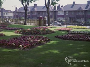 Britain in Bloom competition, showing Barking Park with flowerbeds under trees looking south-east, 1971