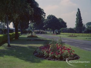 Britain in Bloom competition, showing Greatfields Park, Movers Lane, Barking, east edge looking south with flowerbed and trees, 1971