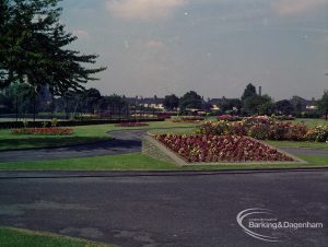 Britain in Bloom competition, showing Greatfields Park, Movers Lane, Barking, sloped begonia flowerbed looking west-south-west, 1971