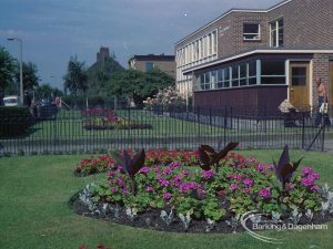 Britain in Bloom competition, showing Julia Engwell Clinic, Woodward Road, Dagenham and Woodward Library gardens, looking west, 1971
