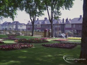 Britain in Bloom competition, showing Longbridge Road entrance of Barking Park, with flowerbeds and trees looking south-west, 1971
