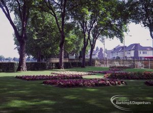 Britain in Bloom competition, showing Longbridge Road entrance of Barking Park, with flowerbeds and trees looking east-south-east, 1971