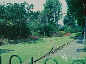 Britain in Bloom competition, showing Barking Park near south-west entrance, with miniature railway track looking north, 1971