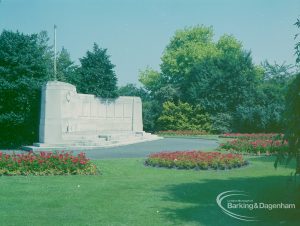 Britain in Bloom competition, showing War Memorial, flowerbeds and trees in Barking Park, 1971