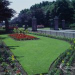 Britain in Bloom competition, showing Longbridge Road entrance of Barking Park, with flowerbeds and trees, 1971