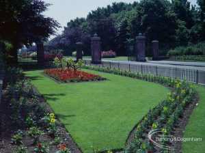 Britain in Bloom competition, showing Longbridge Road entrance of Barking Park, with flowerbeds and trees, 1971