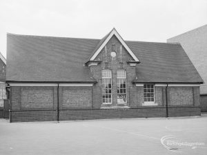 Village Infants School, Church Elm Lane, Dagenham [closed 23 July 1971], showing part of rear from playground, 1971