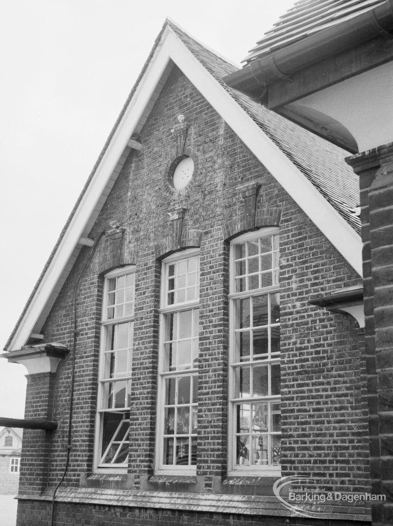 Village Infants School, Church Elm Lane, Dagenham [closed 23 July 1971], showing triple lights in end of main hall from outside, 1971
