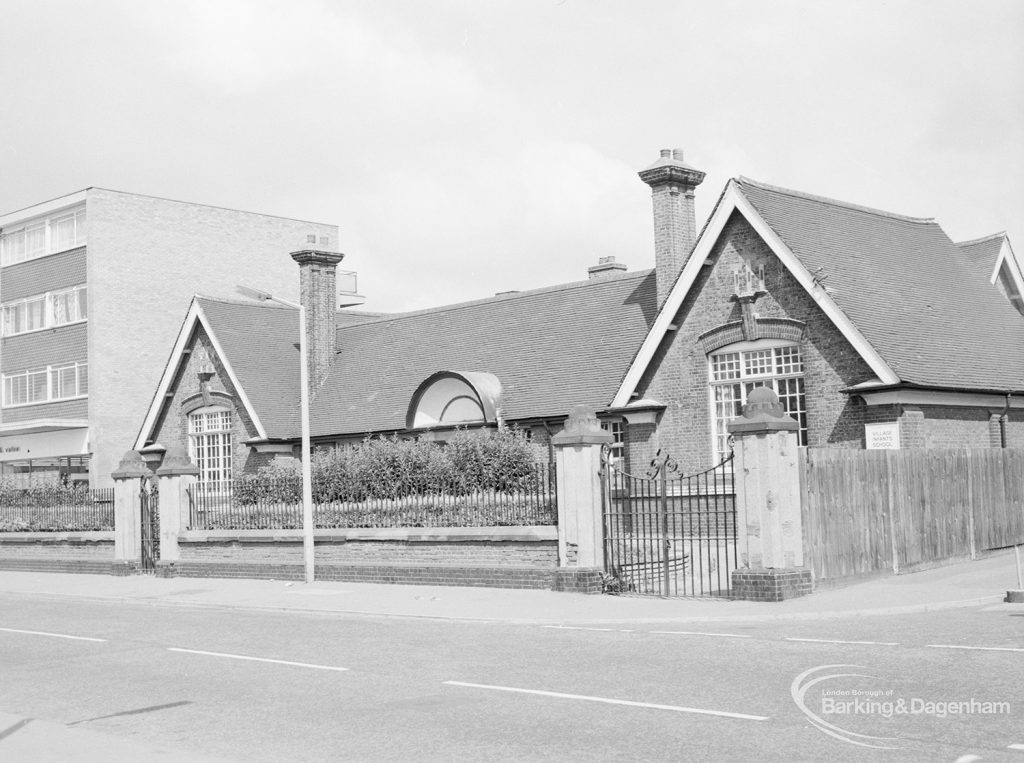 Village Infants School, Church Elm Lane, Dagenham [closed 23 July 1971], showing the school and modern building to the west, taken from south-east, 1971