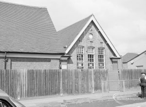 Village Infants School, Church Elm Lane, Dagenham [closed 23 July 1971], showing the main hall from Charlotte Road, 1971