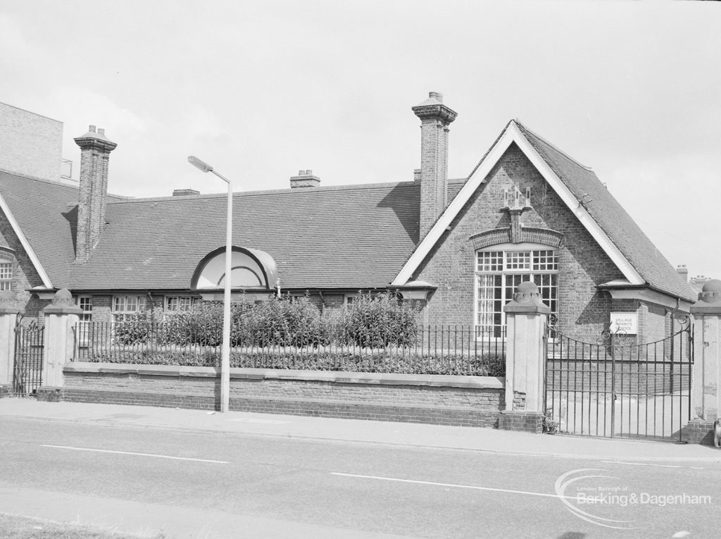 Village Infants School, Church Elm Lane, Dagenham [closed 23 July 1971], showing east end of frontage to road, from south-east, 1971
